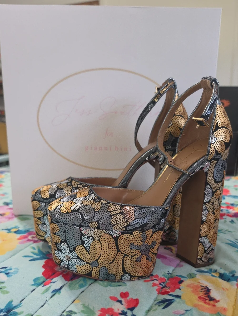 Gianni Bini Gold, Silver & Blue Sequin Floral Platform Heels